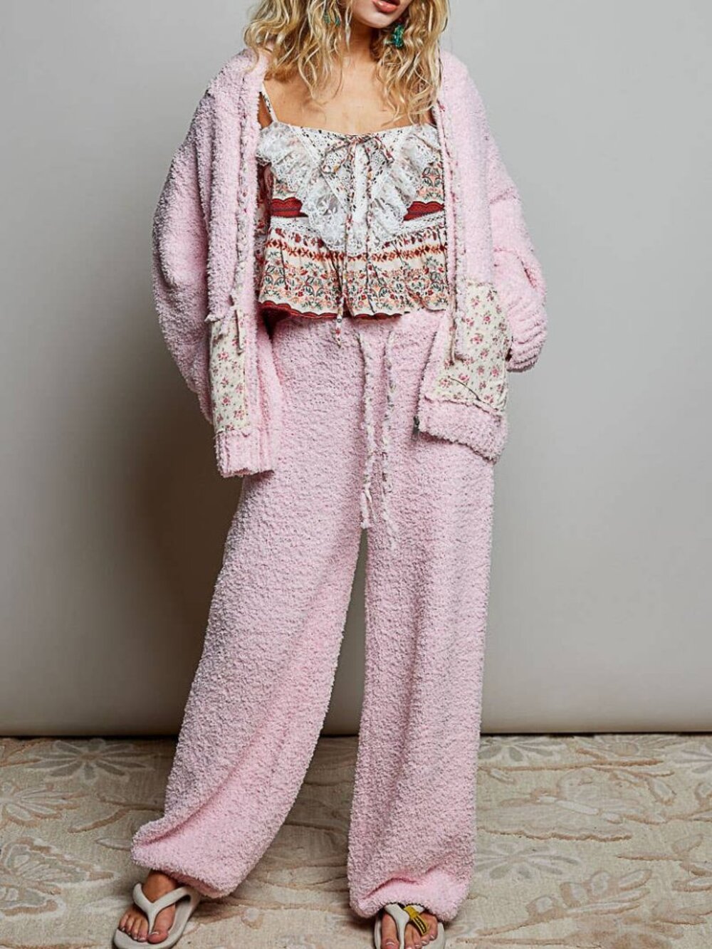 NWT POL Floral Printed Berber Sweater Hoodie Zip-Up Jacket & Sweater Pant Set